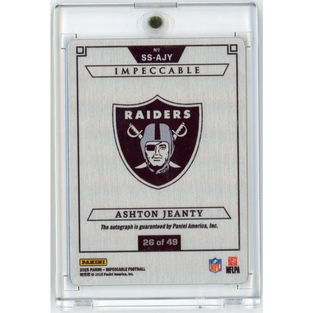 2025 Panini Impeccable Ashton Jeanty #SSAJY Stainless Stars Rookie Auto /49 Las Vegas Raiders Rookie RC Football Card | Certified Authentic Signed Memorabilia | vintageantiquesgifts.com