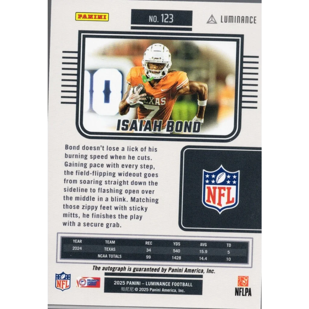 2025 Panini Luminance Isaiah Bond #123 Auto /700 Rookie RC Football Card
