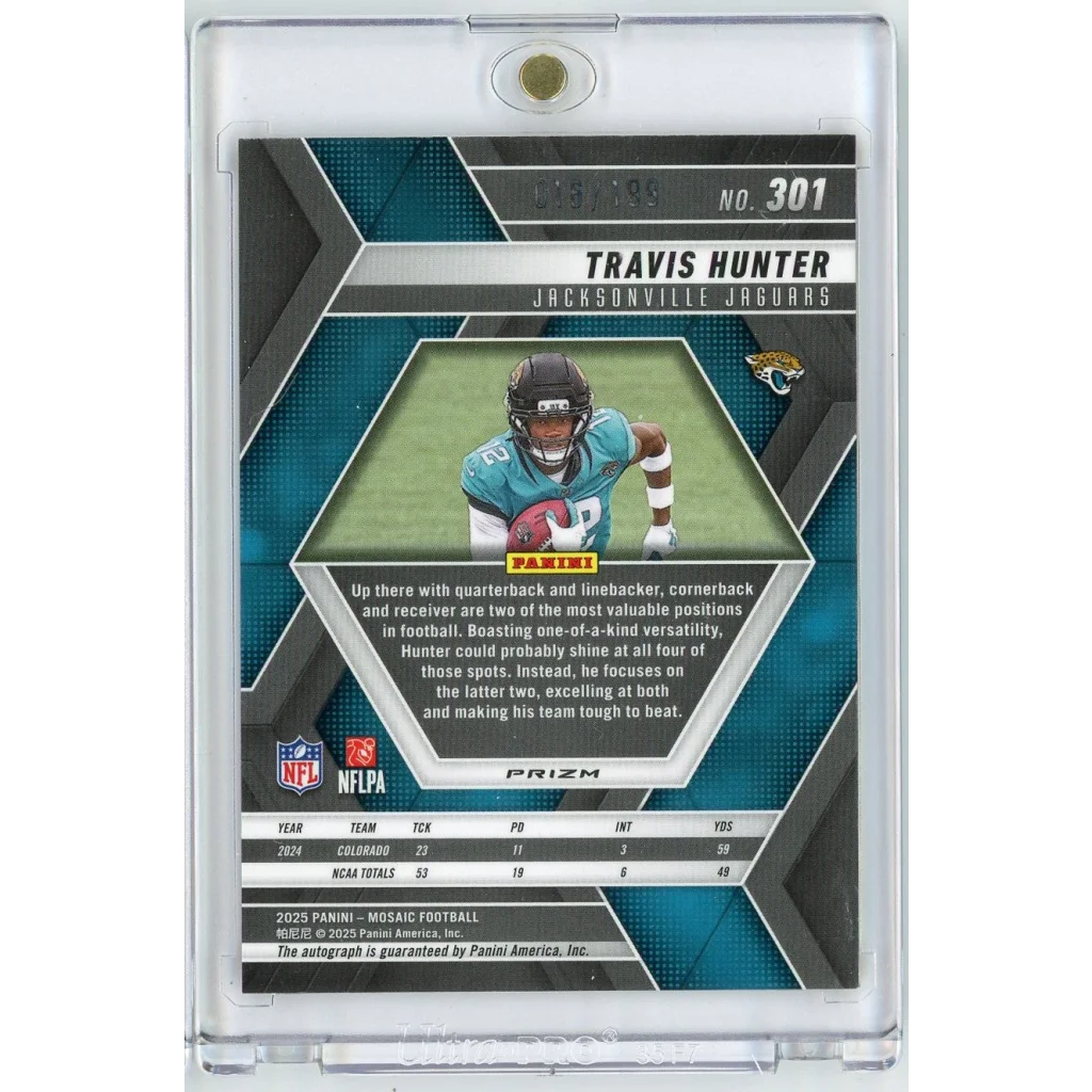 2025 Panini Mosaic Travis Hunter 301 199 Red Mosaic Auto Rookie RC Football Card | Autograph Rookie RC Football Card | vintageantiquesgifts.com