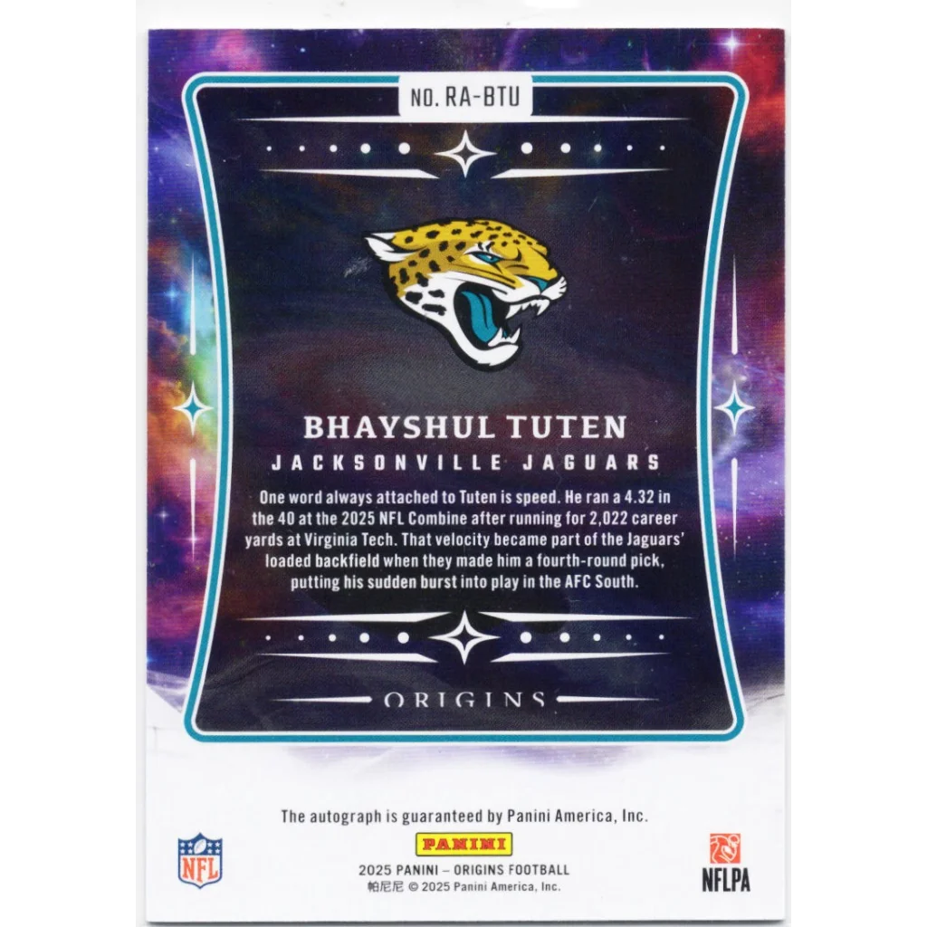2025 Panini Origins Bhayshul Tuten #RABTU Blue Auto /49 Jacksonville Jaguars Rookie RC Football Card | Certified Authentic Signed Memorabilia | vintageantiquesgifts.com