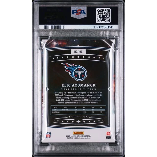 2025 Panini Origins Holo Green Elic Ayomanor #108 1/5 Rookie RC Football Card PSA 8 NM-MT | PSA 8 NM-MT Graded Rookie Card | vintageantiquesgifts.com