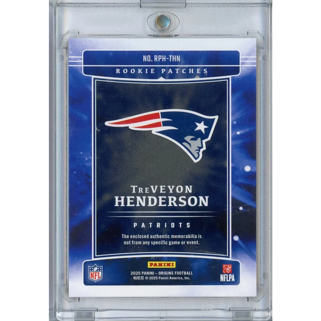 2025 Panini Origins TreVeyon Henderson #RPH-THN Rookie Patches Relic 01/75 New England Patriots Rookie RC Football Card