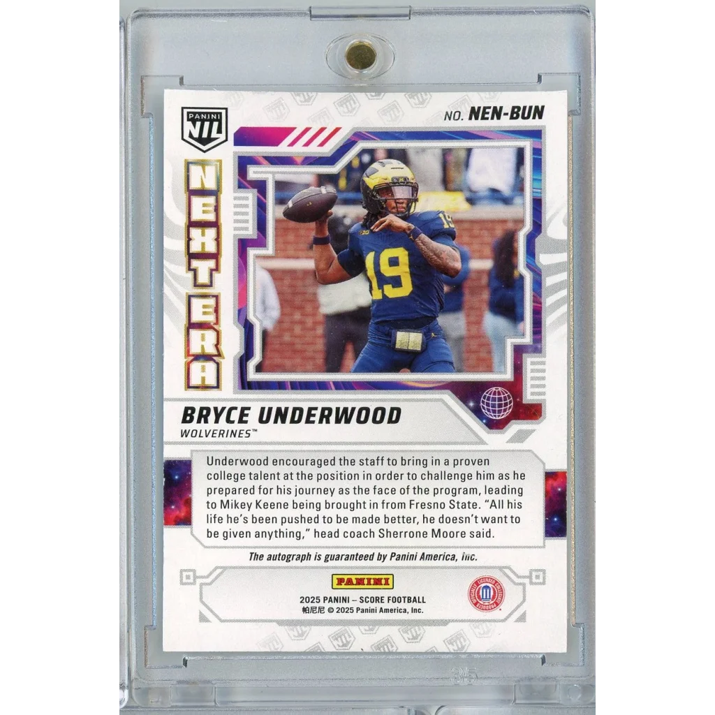 2025 Panini Score NIL Next Era Bryce Underwood #NENBUN /25 Auto Michigan Wolverines Rookie RC Football Card | Certified Authentic Signed Memorabilia | vintageantiquesgifts.com