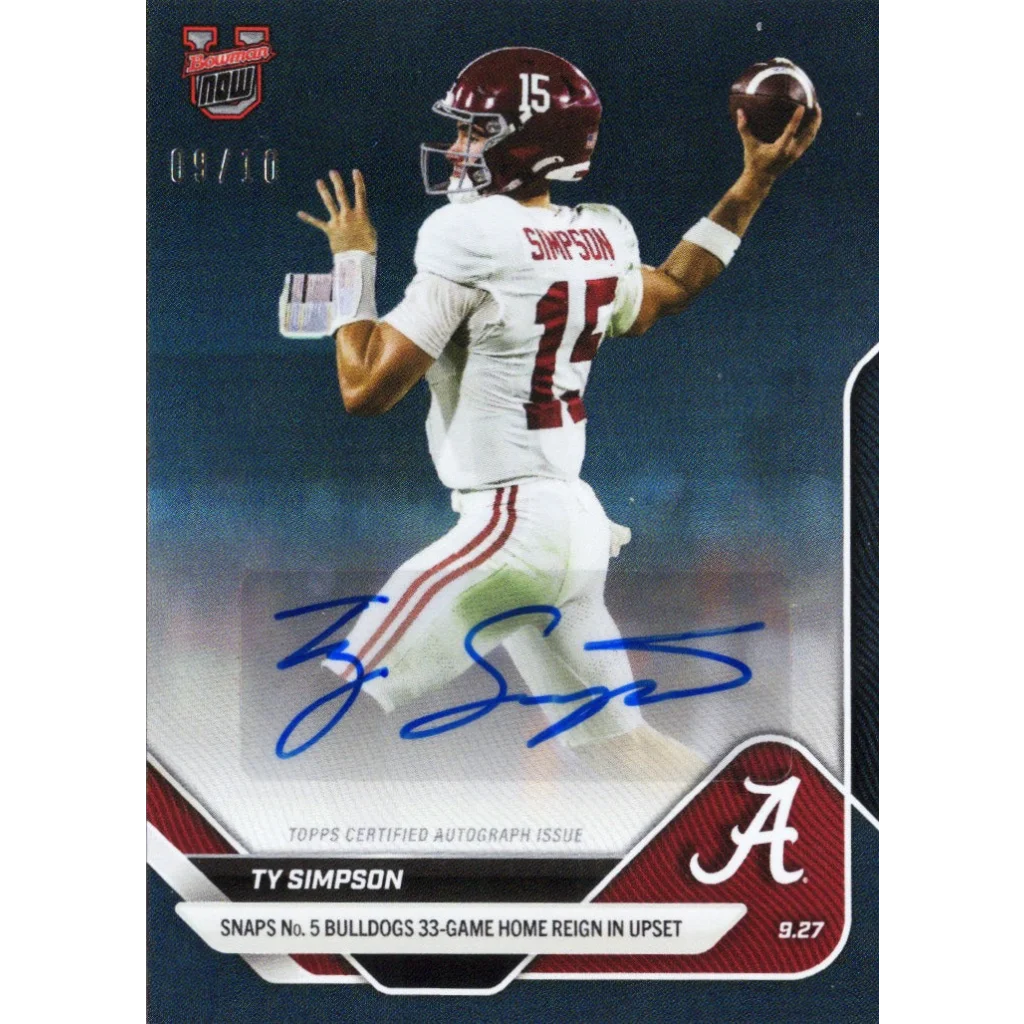 2025 Topps Bowman U Now Ty Simpson #22A Black Auto /10 Alabama Crimson Tide Rookie RC Football Card | Hall of Fame Sports Memorabilia | vintageantiquesgifts.com