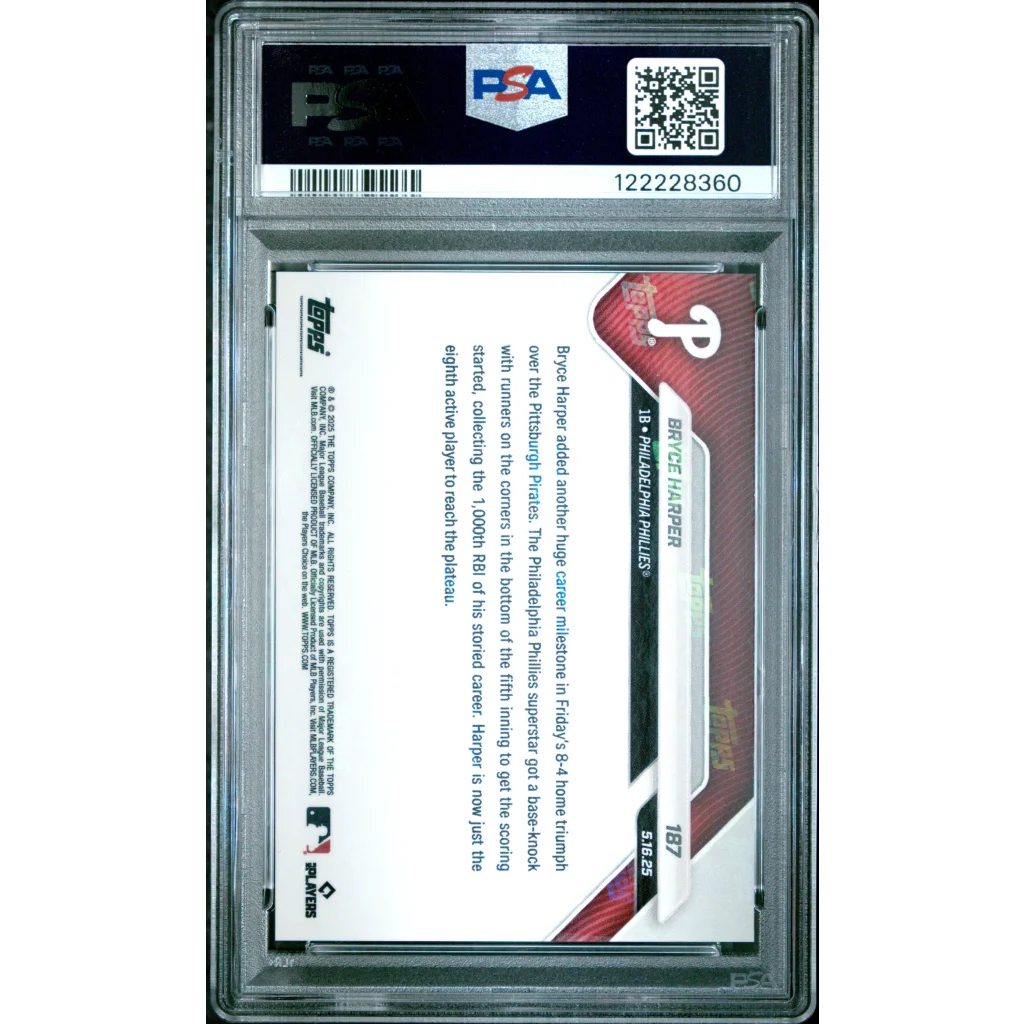 1987 Phillies card with red white design and team logo, 2025 Topps Now Bryce Harper Gold Foil PSA 10