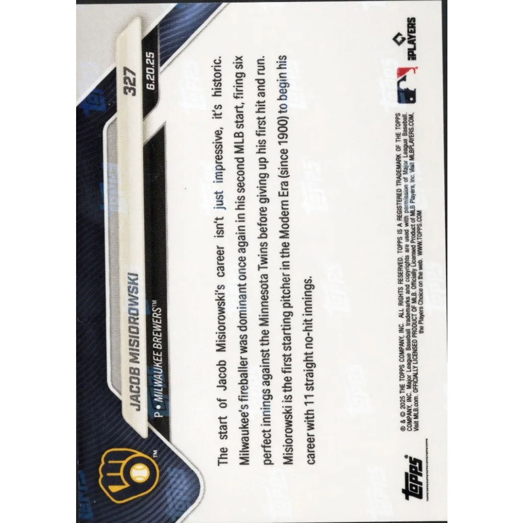 A blue and black 2025 topps now jacob misiorowski gold foil rookie baseball card with white text and textured background