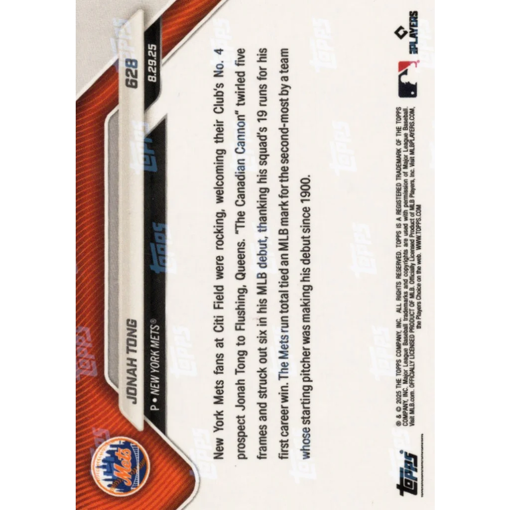 2025 Topps Now Jonah Tong #628 Black Foil /10 New York Mets Rookie RC Baseball Card | Limited Edition /10 Black Foil Rookie Baseball Card | vintageantiquesgifts.com