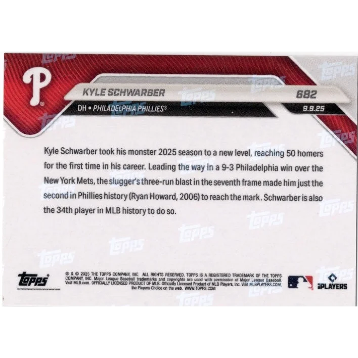 2025 Topps Now Kyle Schwarber #682 Orange Foil /25 Philadelphia Phillies Baseball Card
