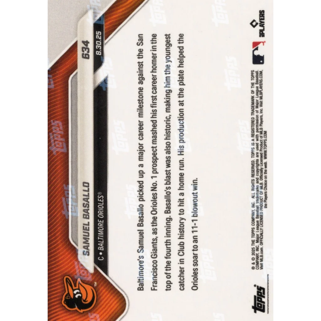 2025 Topps Now Samuel Basallo #634 Black Foil /10 Baltimore Orioles Rookie RC Baseball Card