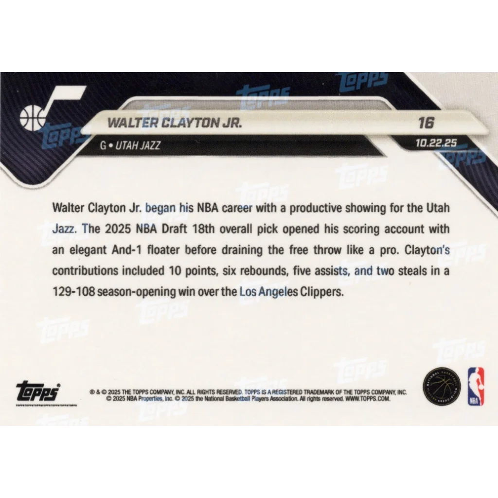 2025 Topps Now Walter Clayton Jr #16 black foil /10 Utah Jazz rookie RC card