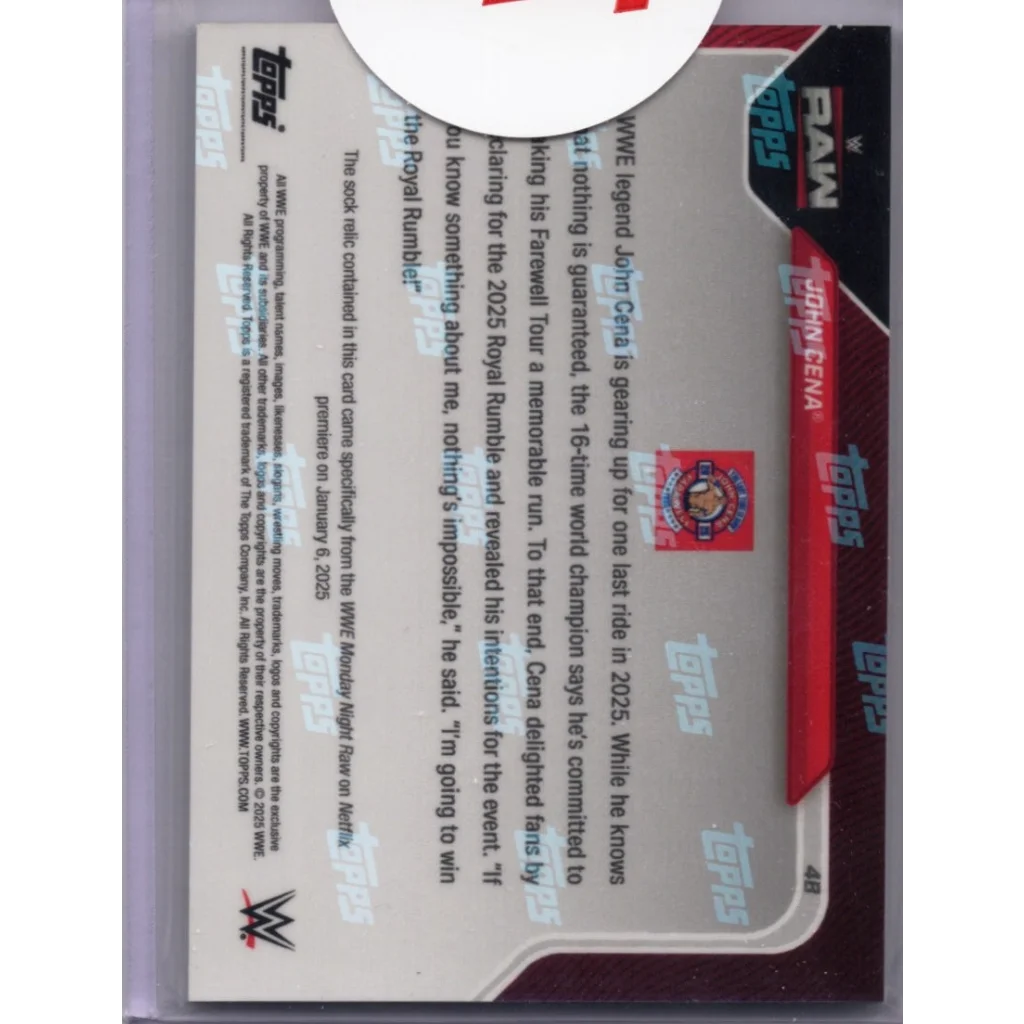 2025 Topps Now WWE John Cena #4B Event Used Sock Red Relic /5 Wrestling Card