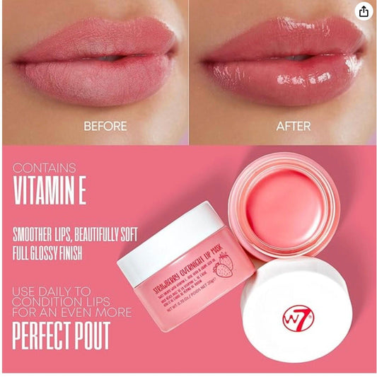 Before and after lip comparison with product containers and ingredients displayed against pink background showing matte and glossy finishes.