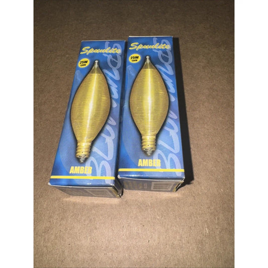 Two Bulbrite Spunlite 25W 130V amber candelabra bulbs in blue packaging
