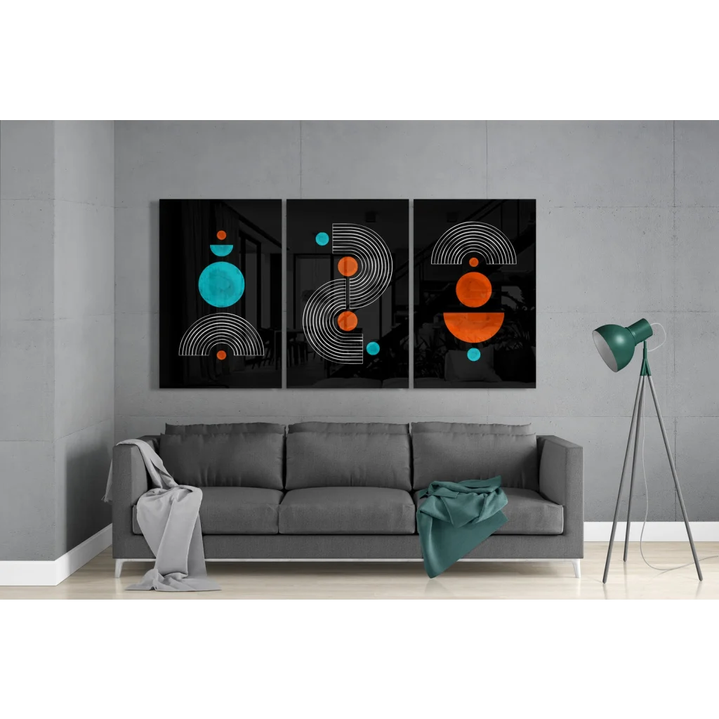 Bold teal orange geometric glass wall art triptych