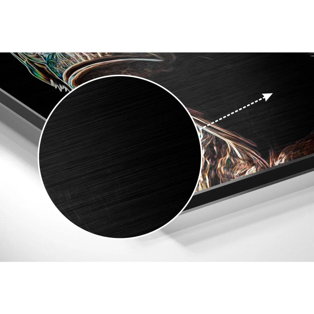 Vibrant iridescent feather art on brushed aluminium dibond print