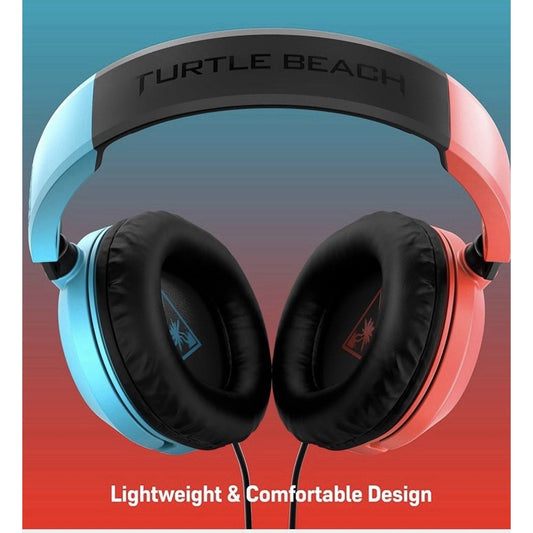 Turtle Beach Recon 50 headset displayed front-on with light blue left ear cup, coral red right ear cup, black headband and ear pads, against gradient blue-to-red background with "Lightweight & Comfortable Design" text below.