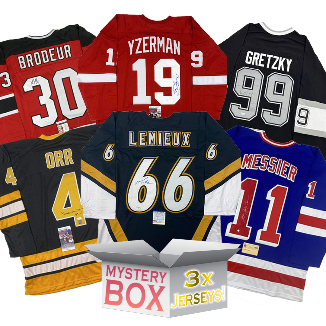 Six signed hockey jerseys in red, black, and blue displayed around a white mystery box labeled "3x Jerseys," featuring names Brodeur, Yzerman, Gretzky, Orr, Lemieux, and Messier.