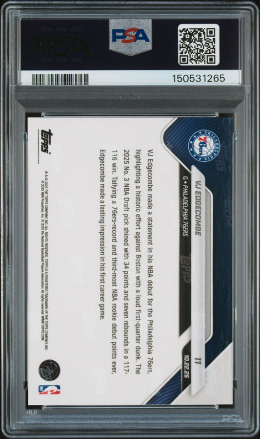 Back of PSA-graded basketball card showing text, Topps logo, Philadelphia 76ers team emblem, and certification details in protective case.
