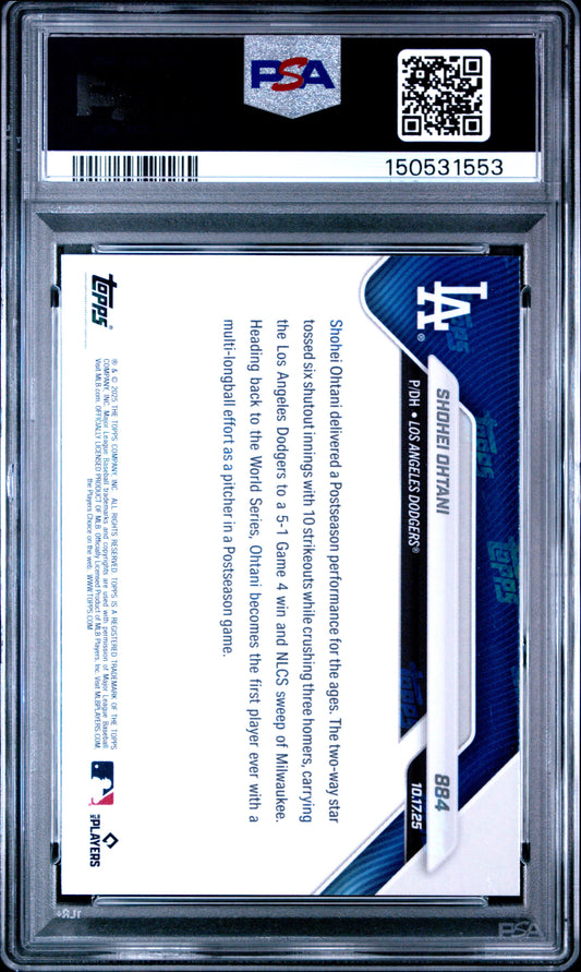 Back of PSA-graded Shohei Ohtani baseball card showing blue LA Dodgers design, text, and PSA certification label with barcode.