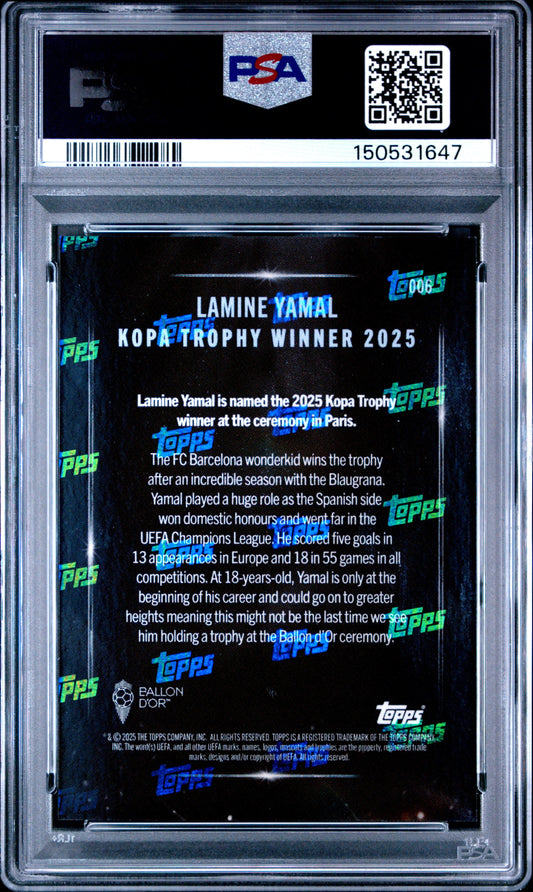 Reverse side of PSA-graded card showing black background with white and blue text describing Lamine Yamal's 2025 Kopa Trophy win, with Topps and Ballon d'Or logos.