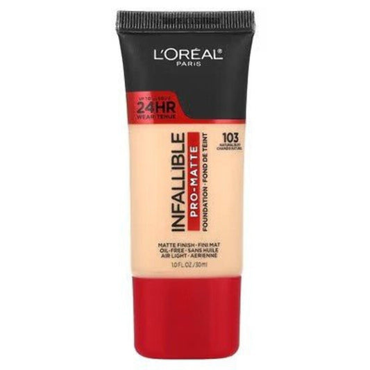 L'Oreal Infallible Pro-Matte liquid foundation tube in shade 103 Natural Buff displayed against white background, front view.