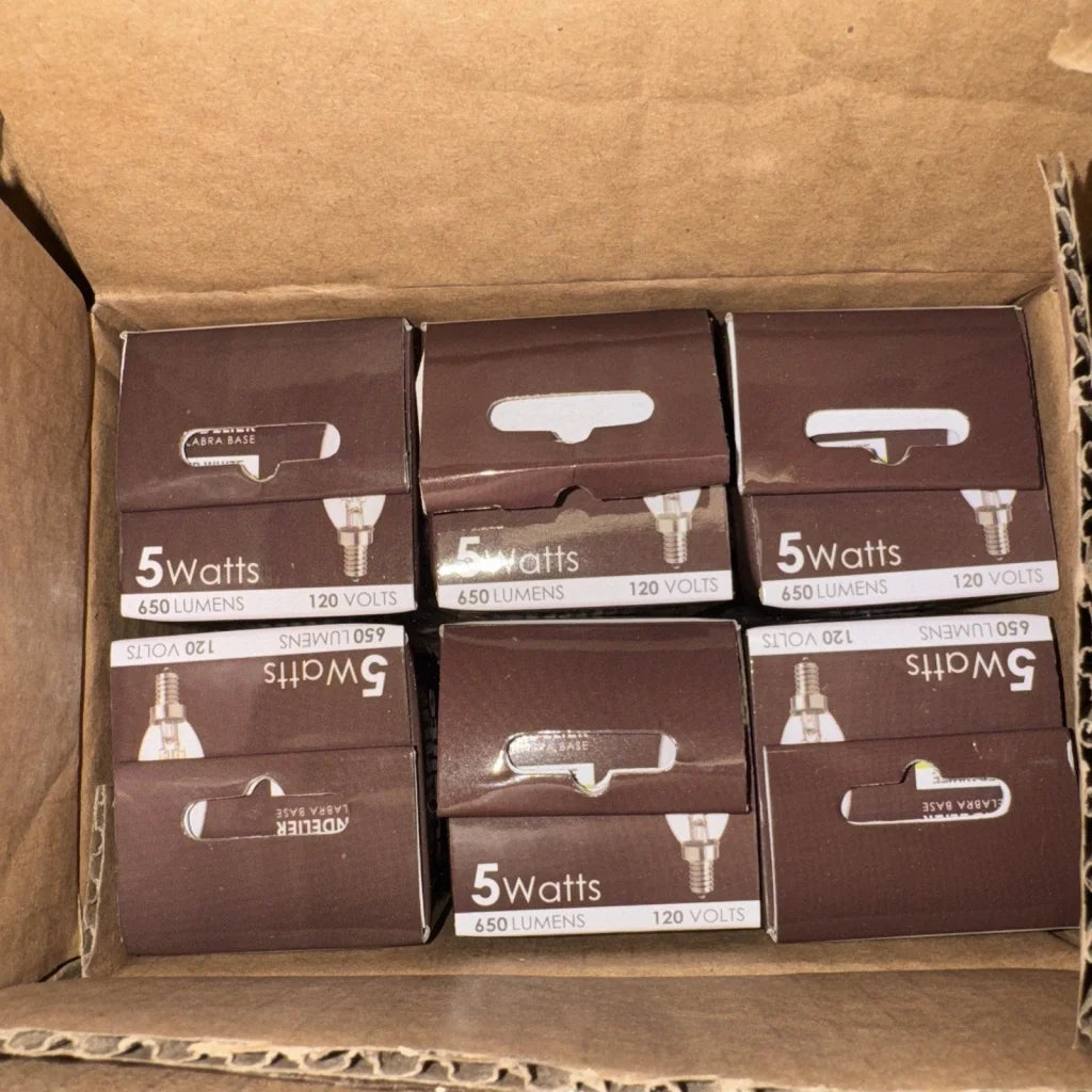Sunlite chandelier 5W LED bulbs in brown boxes, 6 pack E26 base