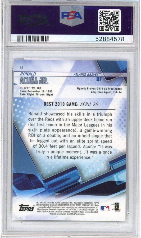 Back of graded 2018 Bowman's Best Ronald Acuna Jr. rookie card in clear PSA case showing blue design, player stats, and game description text.
