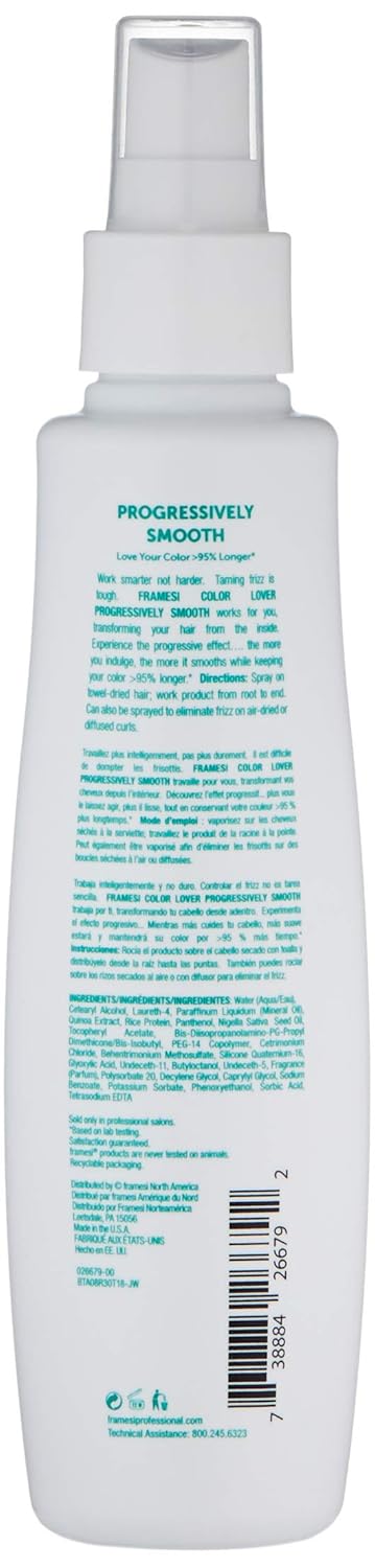 Back label of white spray bottle showing product information, ingredients, barcode, and teal text describing progressive smoothing benefits.