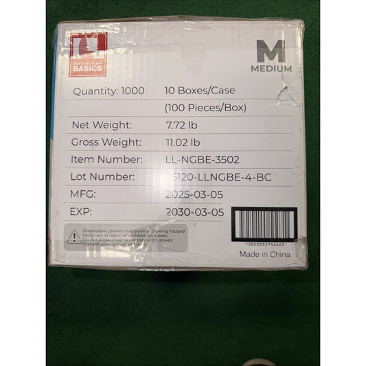 Packaging label for London Labs Basics disposable gloves showing quantity, weight, item number, and expiration date on green background.