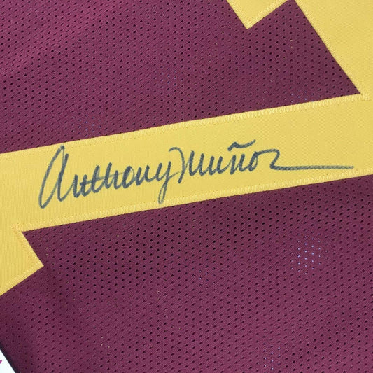 Anthony Munoz signature close up on USC Trojans maroon college football jersey in 35x39 frame
