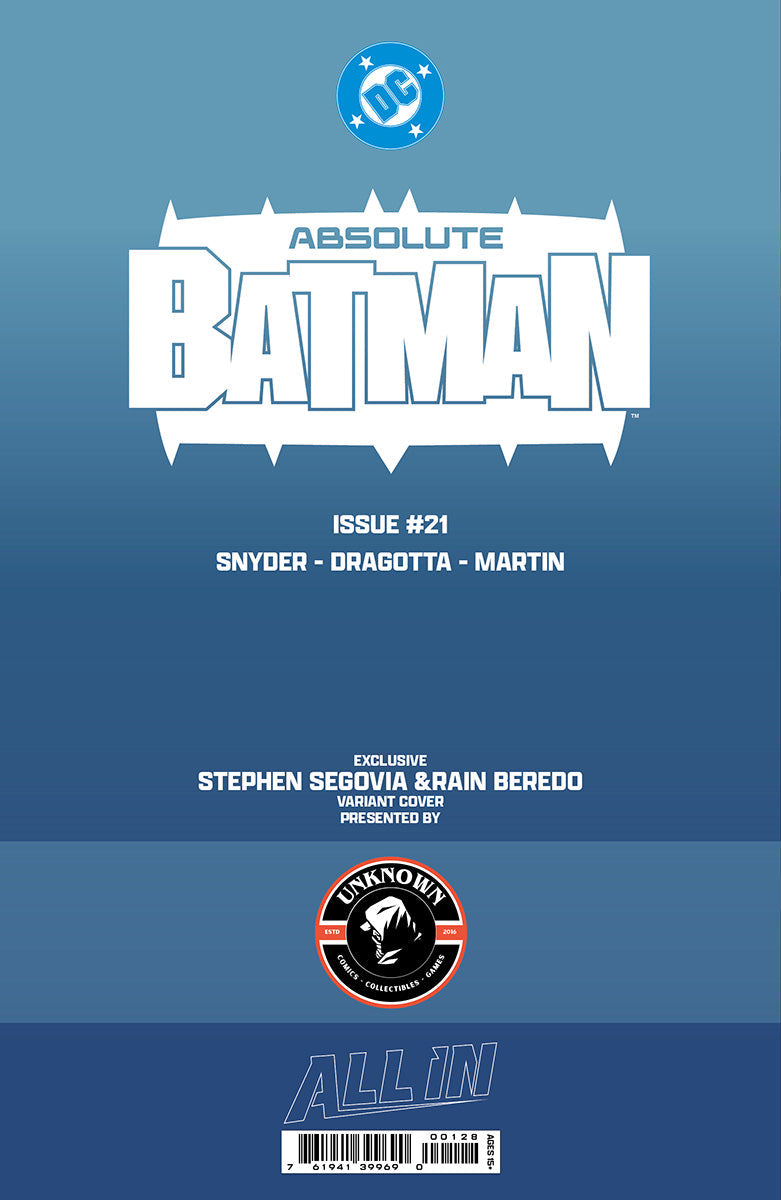 Front cover of Absolute Batman #21 comic book featuring DC logo, white title text on blue background, and Unknown Comics variant cover badge.