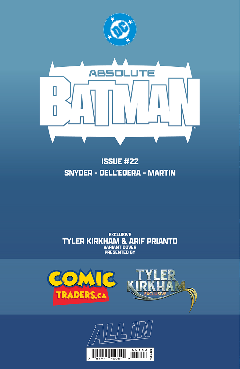 Back cover of Absolute Batman #22 comic book showing DC logo, title treatment, issue number, creator credits, and exclusive variant cover information on blue background.