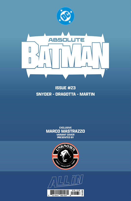 DC Comics Absolute Batman Issue #23 cover featuring blue and white logo design with creator credits and Unknown Comics variant badge.