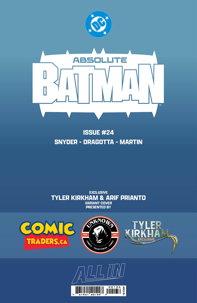 Back cover of a blue comic with the white Absolute Batman logo, issue #24 credits, and retailer logos.