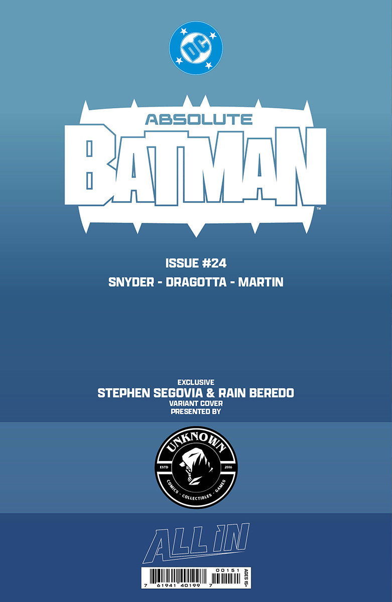 Back cover of a comic on a blue gradient, showing the white Absolute Batman logo, issue number, creator credits, and barcode.