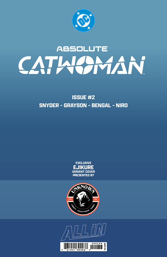 Back cover of Absolute Catwoman Issue #2 comic book featuring DC logo, blue gradient background, creator credits, and Unknown Comics exclusive variant seal with barcode.