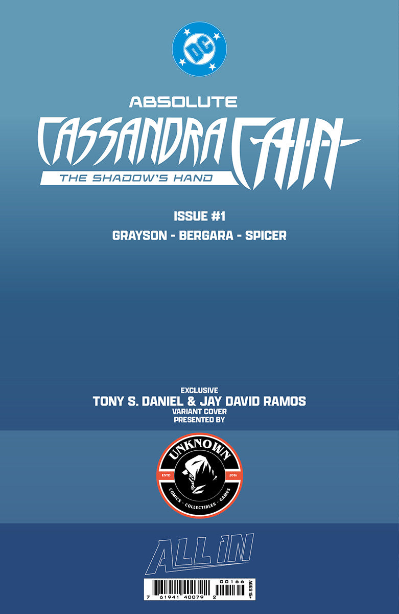 Back cover of a comic on a blue gradient, with DC logo, title, creator credits, Unknown Comics badge, and barcode.