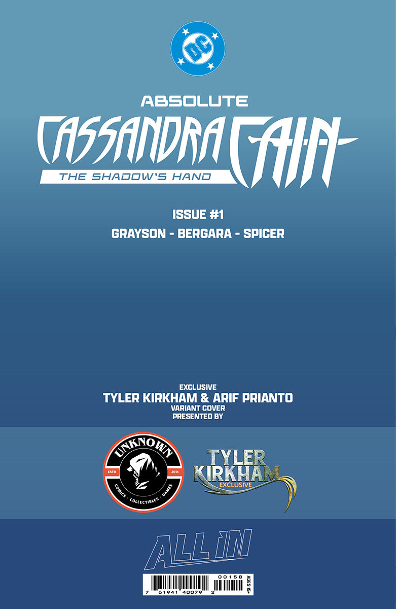 Back cover on a blue gradient showing the DC logo, series title, creator credits, Unknown Comics and Tyler Kirkham logos, and a barcode.