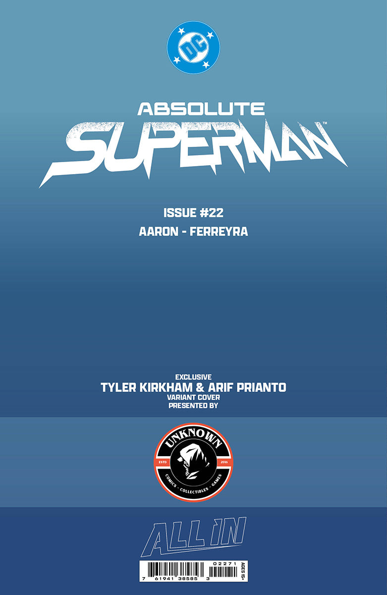 Back cover of Absolute Superman #22 comic book displaying DC logo, title text, issue number, creators' names, and Unknown Comics variant cover badge on blue background.