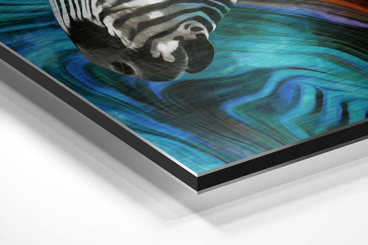 Angled perspective view of framed zebra profile wall art with turquoise and blue painted stripes on brushed aluminum.