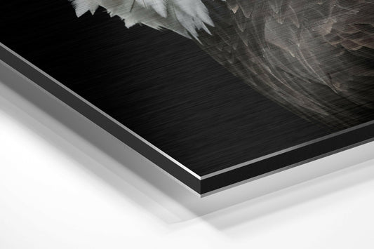 Angled close-up view of layered aluminum dibond panels showing black brushed surface with white backing layers.