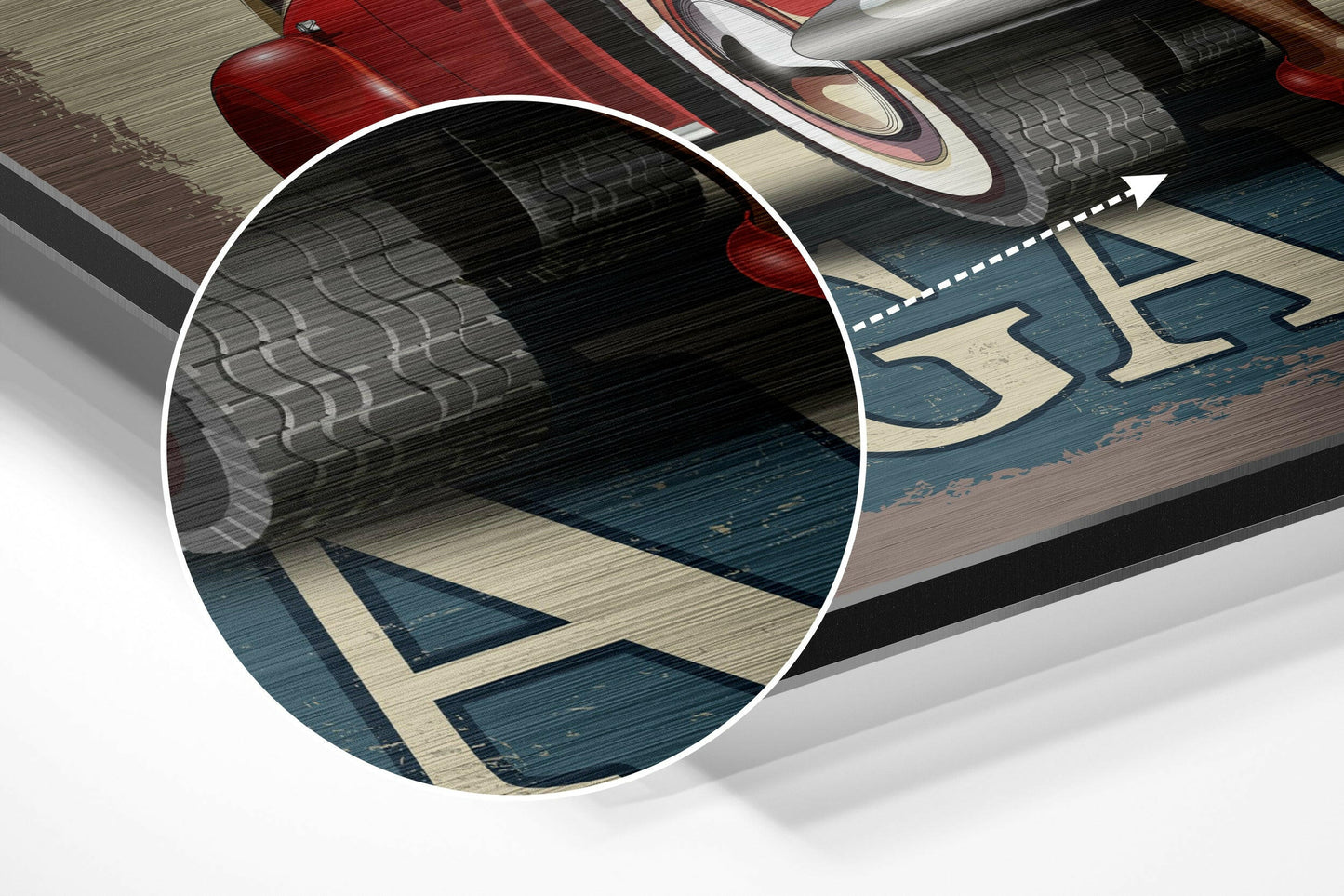 Close-up detail of vintage sneaker design showing red and black shoe with textured sole against blue and cream geometric background on brushed aluminum.
