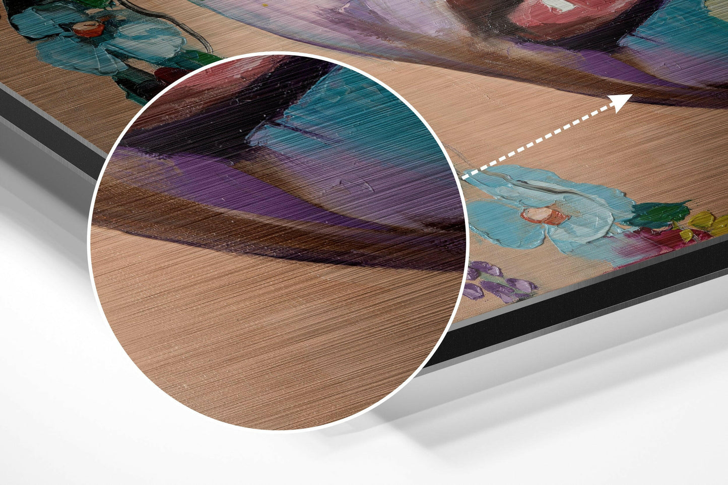 Close-up detail of brushed wood-grain surface showing purple and teal paint strokes with magnified circular inset.