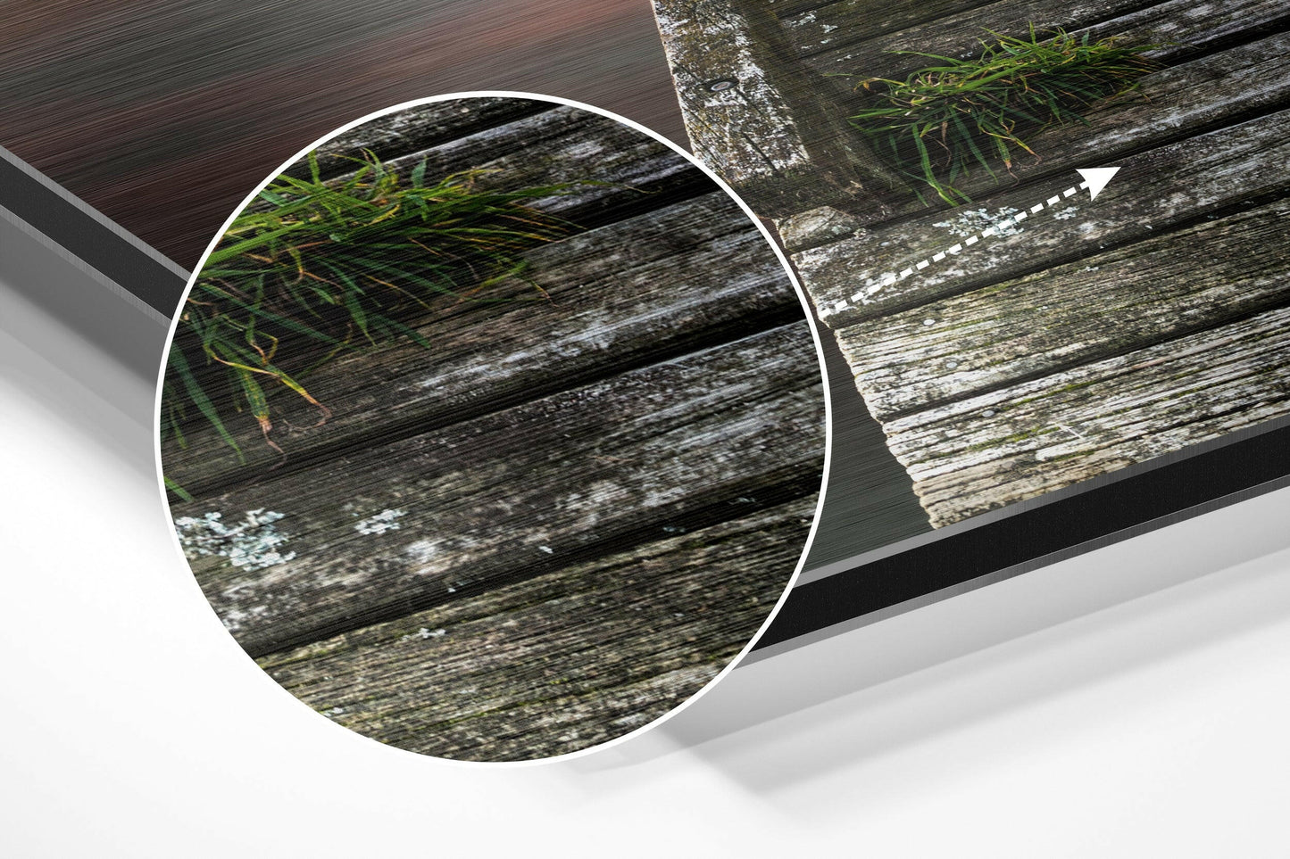 Close-up detail of weathered wooden pier planks with moss and algae growth, showing texture and material quality of Dibond wall art.