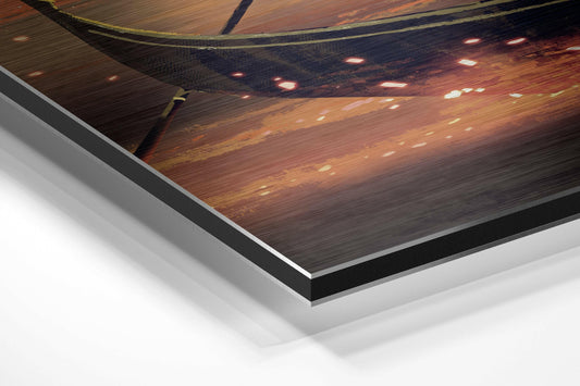 Close-up angled view of layered metal print showing warm wood-grain tones with embedded lighting and white backing material.