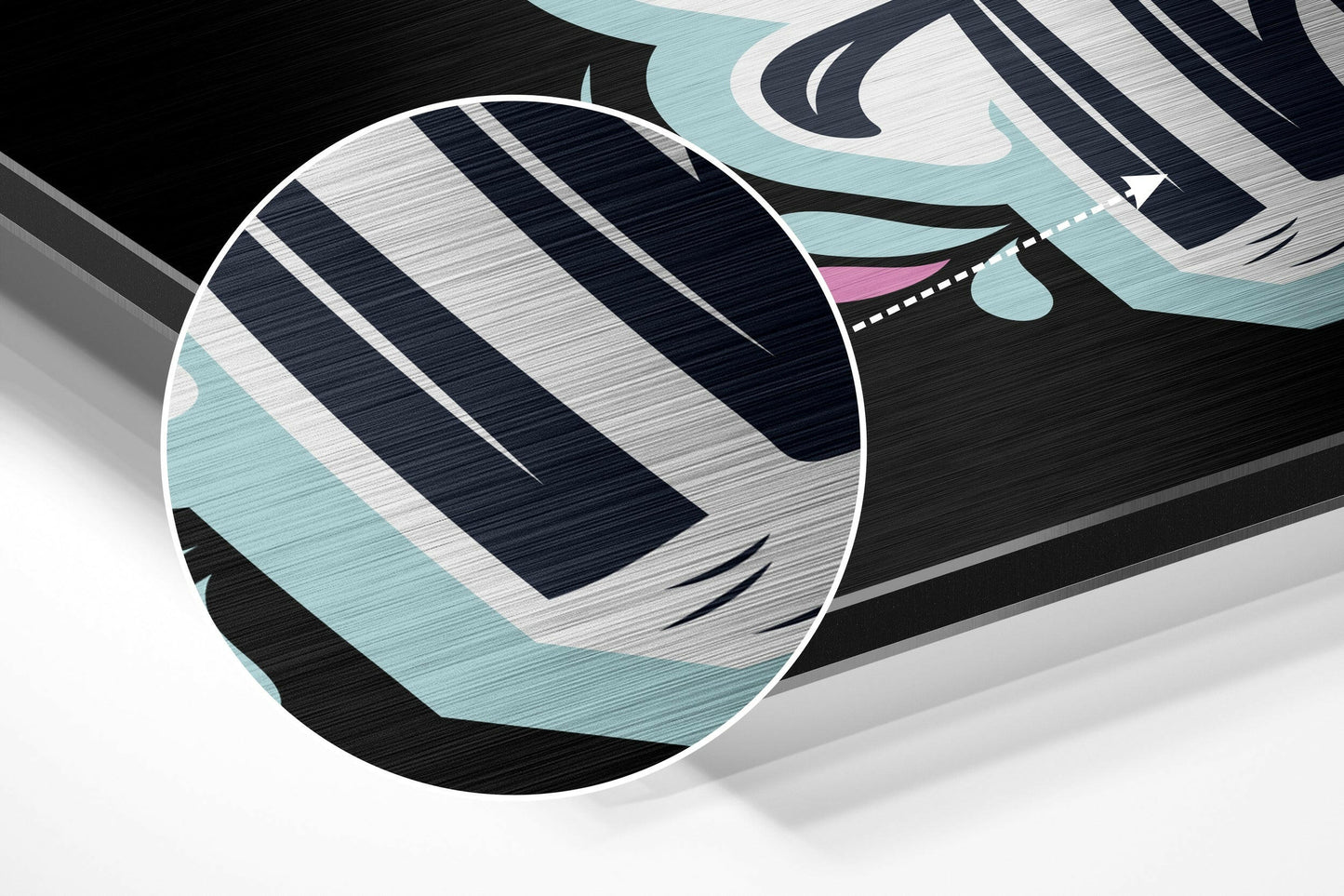 Close-up angled view of brushed aluminum wall art showing diagonal striped pattern in black, white, and turquoise with pink accent detail.