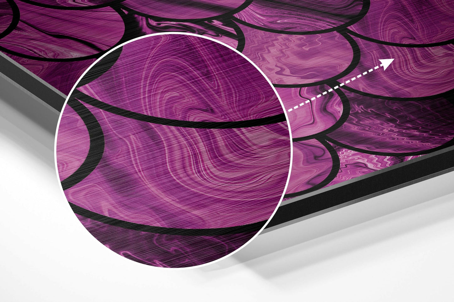 Three-dimensional perspective view of purple and magenta brushed aluminium wall art with black curved lines and white circular highlight, angled right.