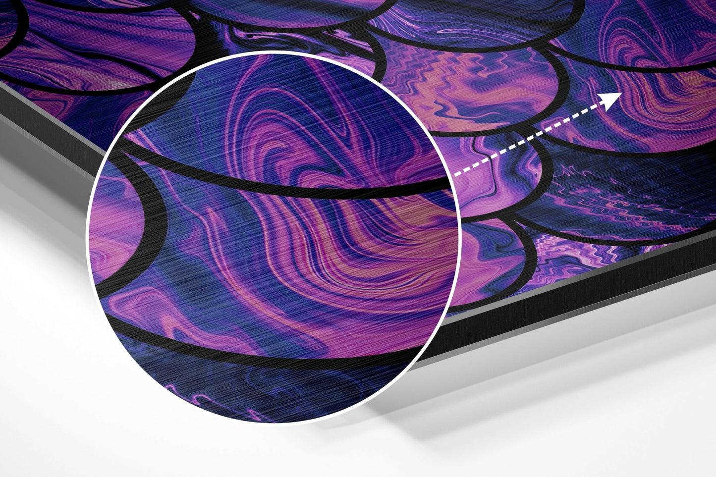 3D angled perspective view of circular purple and blue swirled brushed aluminium wall art with white border and black lines, with cursor pointer indicating zoom detail.