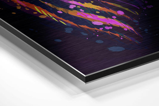 Angled perspective view of neon splash zebra head wall art on purple brushed aluminum showing layered edge and mounting.