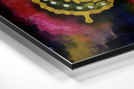 Angled view of Yellow Swallowtail Rainbow Brushed Aluminium Dibond Wall Art showing layered mounting and metallic finish.